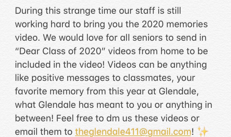 We have an important announcement about the memories video! Stay tuned for our remote episodes that our staff will start to work on next week! 🖥 <a href="/GHSEvents/">Glendale High School</a> <a href="/GHSstuco/">GHS Student Council</a> @MrJoshGroves