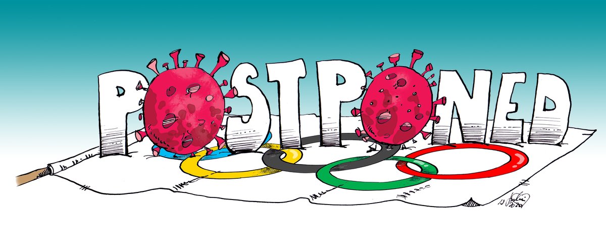 Anhopi's tweet photo. sad news...😞 #tokyo #tokyo2020 #postponed  #olimpicsgame #Olimpia #olimpiadas #olimpico #sport #Covid_19  #coronavirus #corona #virus #illustrations #myway #szalaicartoon https://t.co/TwklPFl0Fl