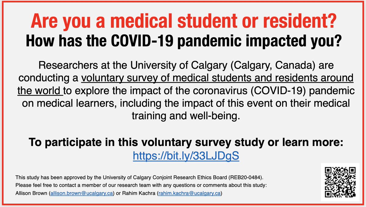 Researchers <a href="/UCalgaryMed/">UCalgaryMedicine</a> are recruiting #medstudents and #residents around the world🌍 to complete a voluntary, anonymous survey about the impact of the #COVID19 pandemic on medical learners.
Visit bit.ly/33LJDgS to learn more and participate!
#MedEd #MedTwitter