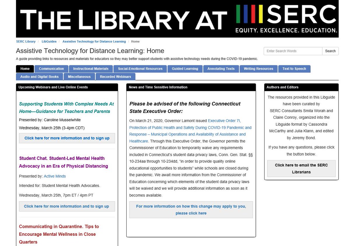 A CSDE priority: ensuring educators &amp; families have tangible materials &amp; accessibility tools to deliver cont. learning opps to students w disabilities, incl. links to resources to support students w assistive tech. 

E.g. this <a href="/ctserc/">CT SERC</a> guide for teachers at tinyurl.com/tcz2ha6
