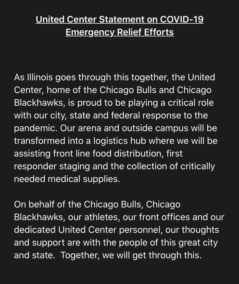 United Center, home of the Bulls and Blackhawks, will become a logistics hub for first responders and medical supplies collection