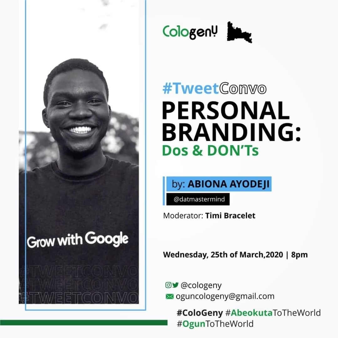 cologeny's tweet photo. Hi everyone
Welcome to #twitterconvo
I am @sanya_timi your moderator for this beautiful evening. The facilitator for today is @datmastermind80
He will be taking us on PERSONAL BRANDING: dos and don'ts https://t.co/KYPN8Eegp1