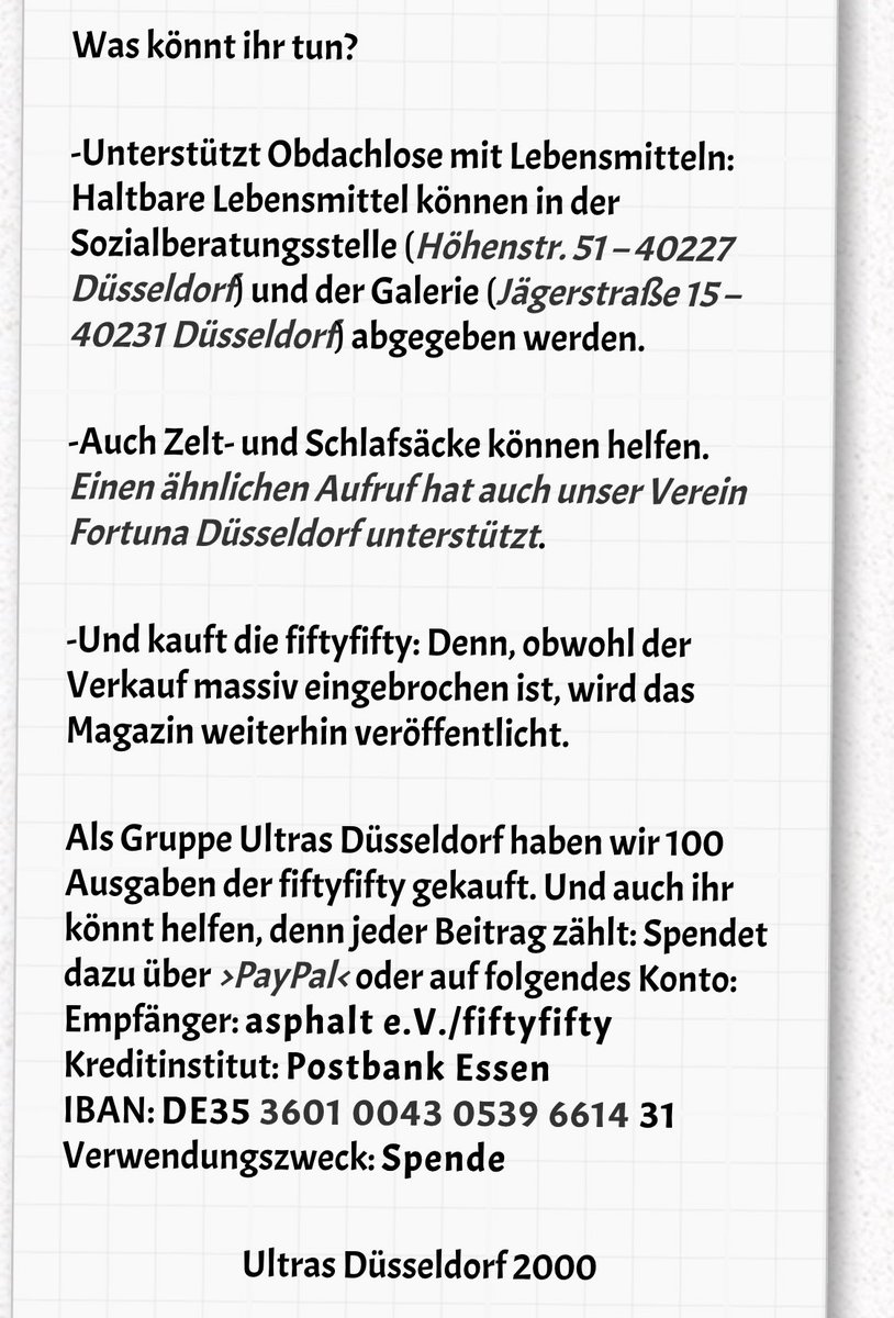 “Avoid Corona: Yes.Avoid the homeless: NO!”Fortuna Düsseldorf’s Ultras Düsseldorf 2000 have bought 100 copies of fiftyfifty, a magazine sold by and for homeless people in the city.UD2000 also call for  #F95 fans to donate money, tents and sleeping bags.Via  @Onnetar