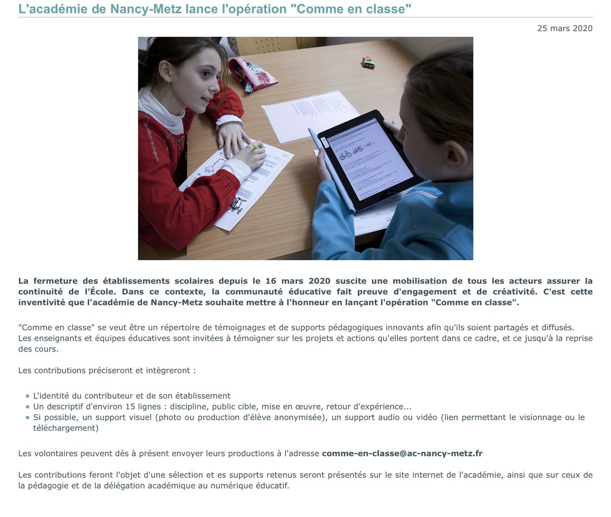 #Covid_19 #CommeEnClasse
Afin de mettre en valeur le travail remarquable des profs et de ts les personnels, <a href="/acnancymetz/">Académie de Nancy-Metz</a> lance un appel à témoignage des pratiques mises en oeuvre pour la #ContinuitePedagogique ! Envoyez vos contributions à comme-en-classe@ac-nancy-metz.fr !