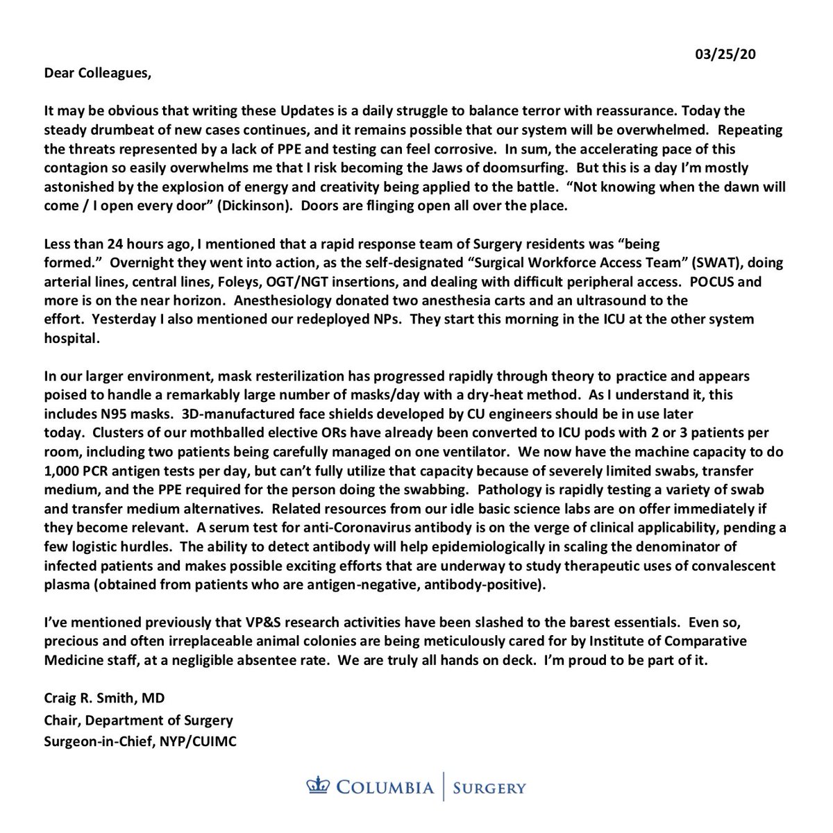 Here is the latest crisis update from Dr. Smith on COVID-19.
#COVID19 #StayHome 

See today's letter and previous updates here: columbiasurgery.org/news/covid-19-…