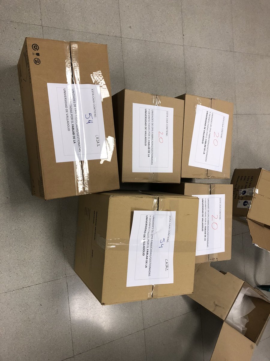 200 nuevas unidades producidas, montadas y desinfectadas listas para  entregar. 32 de ellas han ido para Beneficiencia en Valladolid. Gracias a todos los que colaboráis con nosotros #COVID2019 #makers #fablab @fungeuva