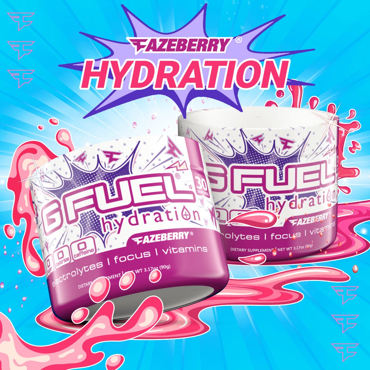 GFuelEnergy's tweet image. 💧💥 GIVEAWAY + LAUNCH 💥💧

FaZeBerry Hydration #GFUEL has arrived!!!

⚡️ ELECTROLYTES

🍓 VITAMINS COMPLEX 

🎯 FOCUS AMINO

🚫 NO CAFFEINE, NO SUGAR, NO CALORIES, NO CARBS, NO FAT

⭐️ LIKE + RT + COMMENT “💧” TO ENTER TO WIN A TUB + SHAKER

🛍 SHOP: GFUEL.ly/faze-hydration