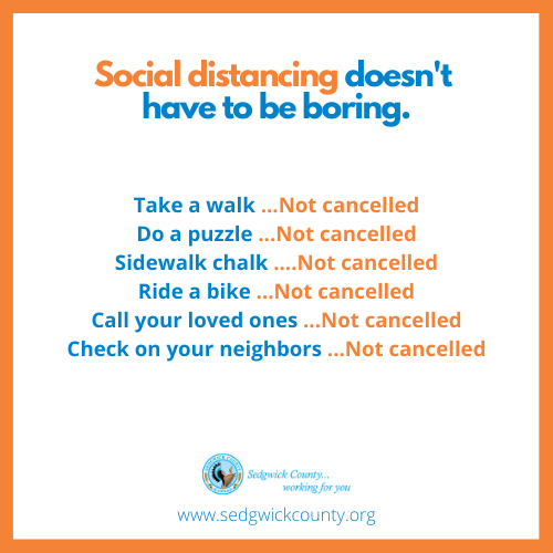 SedgwickCounty's tweet photo. so·cial dis·tance | /ˈsōSHəl/ /ˈdistəns/ | adjective, noun

remaining out of congregate settings, avoiding mass gatherings, and maintaining distance (approximately six feet) from others when possible #COVID19 #coronavirus https://t.co/Sc4KnL7TMl