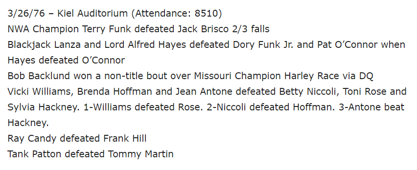 Next up are some silent clips of Funk vs Jack Brisco from March, 1976 in St. Louis. Here's the full card for that show.