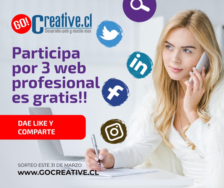 GoCreativecl1's tweet image. Concurso para emprendedores y pymes!! 3 paginas web a sortear!!

Comparte esta publicación en tu muro o historia, retwitea, dale like o recomienda y podrás participar en el sorteo este 31 de marzo donde se regalaran 3 increibles paginas web profesionales!!