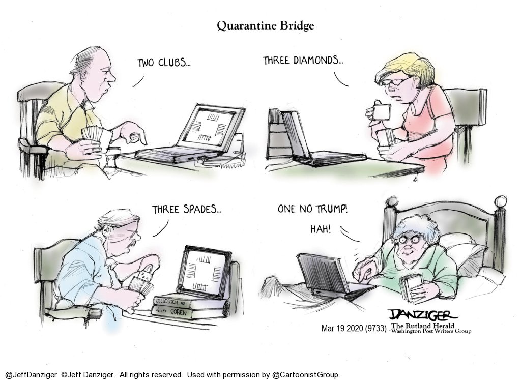 HealthCareToons's tweet photo. A #Quarantoon 
By @JeffDanziger  RT @editorial_toons 
#PlayingBridge #NoTrump
#Quarantine #selfisolation #StayHome #SocialDistancing https://t.co/30oQ8b6GdA
