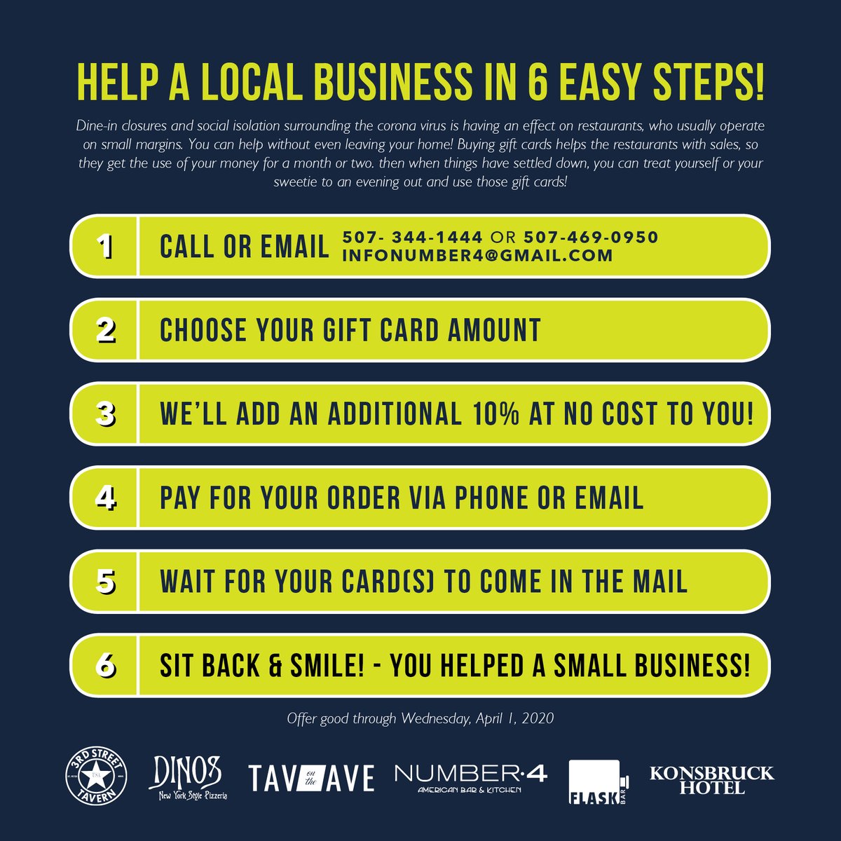 Number4MN's tweet photo. #supportlocal by purchasing an MIO gift card! Now through April 1st we are adding a bonus 10% to any gift card purchased! Call 507-344-1444 or 507-469-0950 or email infonumber4@gmail.com to order! https://t.co/E7ytjVZjxk