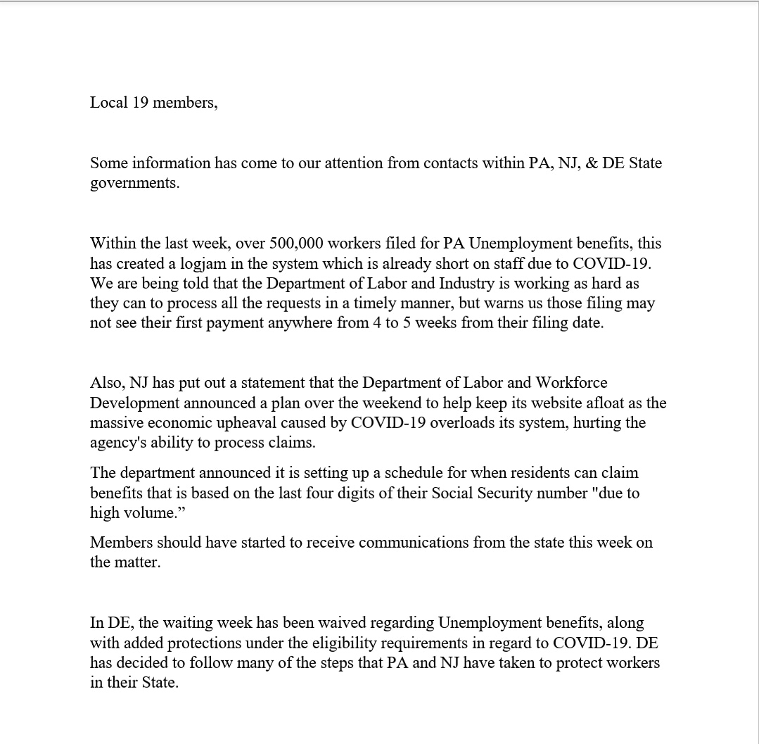 Info on Unemployment info from PA, NJ, &amp; DE.