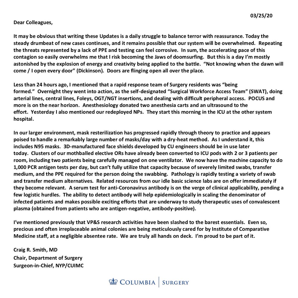 COVID-19 Update: Wednesday, 3/25/20Read today's  #COVID19 crisis update from Dr. Smith and previous updates here:  https://columbiasurgery.org/news/covid-19-update-32520