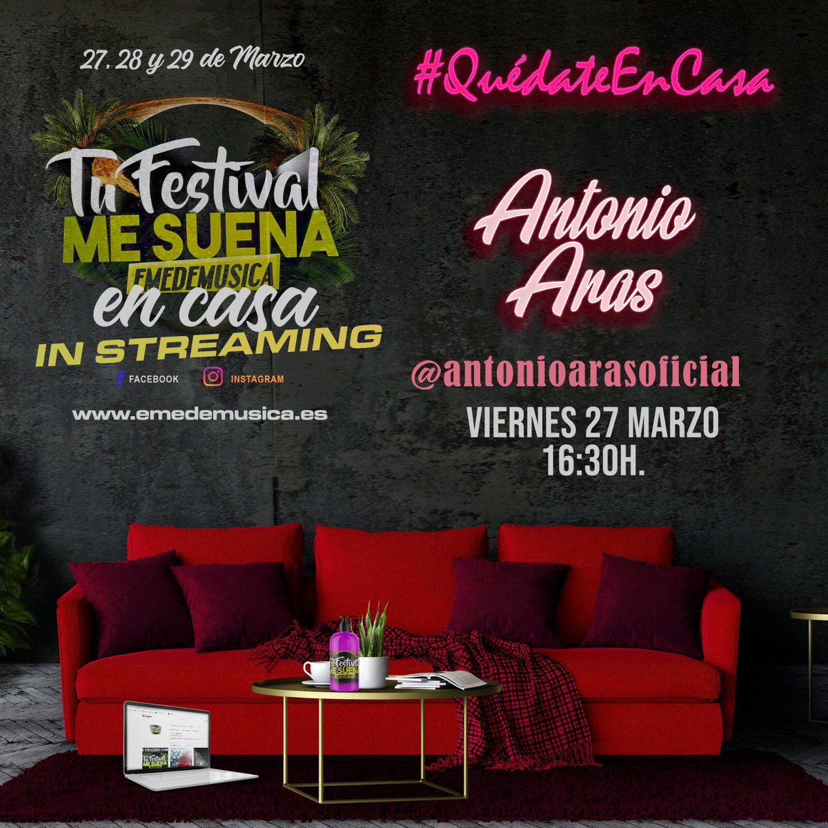 Pues aquí lo tenéis!! El próximo viernes 27 de Marzo a las 16.30, desde mi perfil de #Instagram y en el de @emedemusica_oficial daremos un concierto #DesdeCasa en directo y de la mano de @emedemusica_oficial 🎶🎶 Me acompañará en la distancia mi amigo <a href="/juanma_bellido/">JUANMA BELLIDO</a> Os espero!!