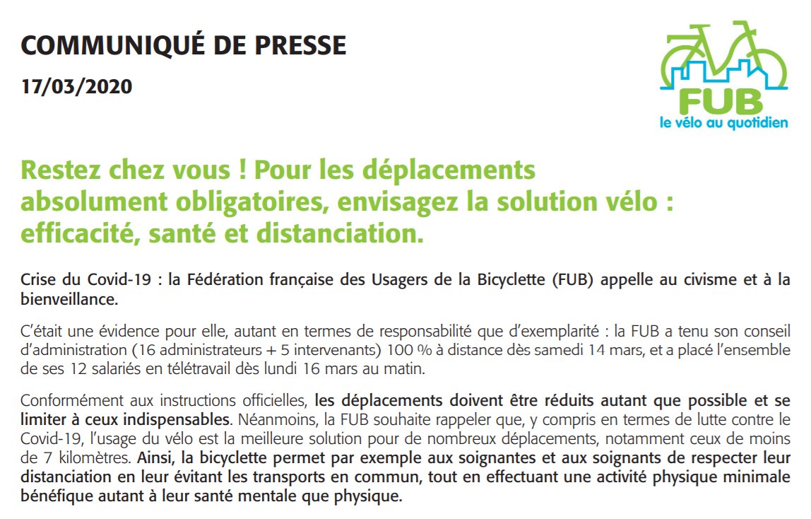 Suite à de nombreux 📨la <a href="/FUB_fr/">FUB</a> vs permet de lui remonter les incidents que vs avez rencontré en lien avec vos déplacements à 🚲durant #Covid_19fr ➡️ framaforms.org/application-au… PS : évidemment, tant que possible #restezchezvous mais pour vos déplacements indispensables envisagez 🚲