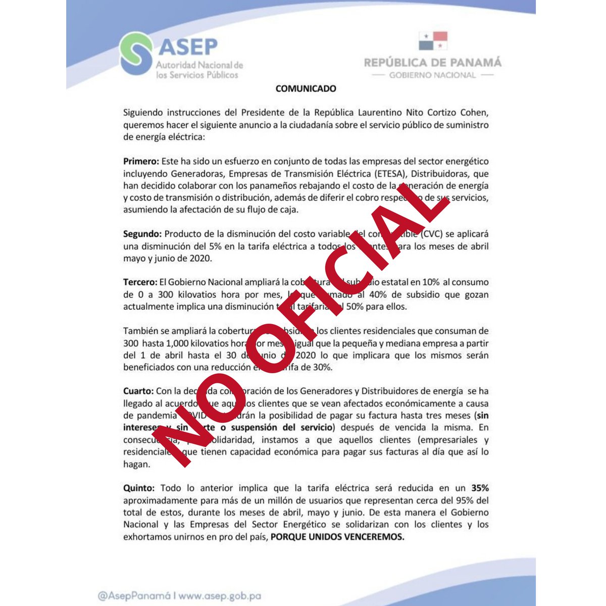 AsepPanama's tweet photo. #AsepInforma 👉 Comunicado que circula sobre tema eléctrico NO ES OFICIAL. Cualquier información que surja sobre tarifas eléctricas se anunciará por la Mesa Económica del Gobierno Nacional https://t.co/7uF27zK8n2