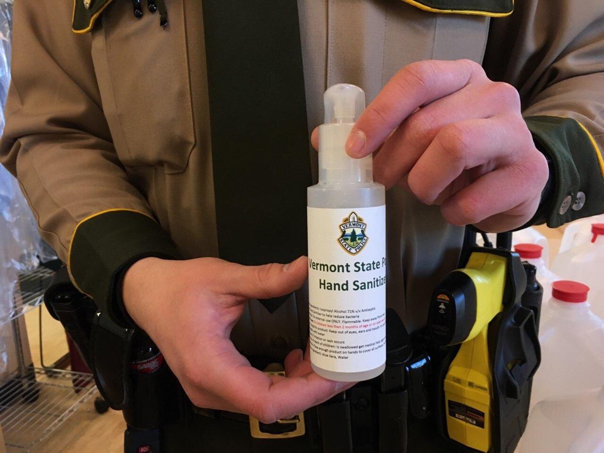 VSP_Ingrid's tweet photo. Massive team effort this weekend ⁦@VTStatePolice⁩ to make and distribute hand sanitizer to the field, dispatch centers, and our colleagues. #vermont #getstuffdone https://t.co/81Krnz6Q9Q