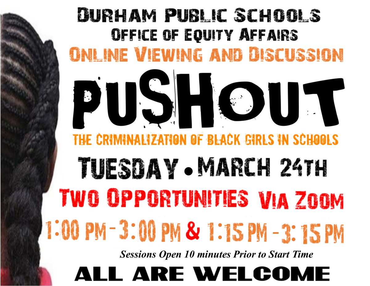 DPS_Equity's tweet image. Due to high demand, tomorrow we will host 2 sessions to view &amp;amp; discuss @MoniqueWMorris's @FilmPushout.  If the 1:00 fills up, we will open a 2nd session at 1:15.  Join us @ bit.ly/NCPUSHOUTdiscu….  If it is full, try bit.ly/NCPUSHOUTdiscu….  See you tomorrow!