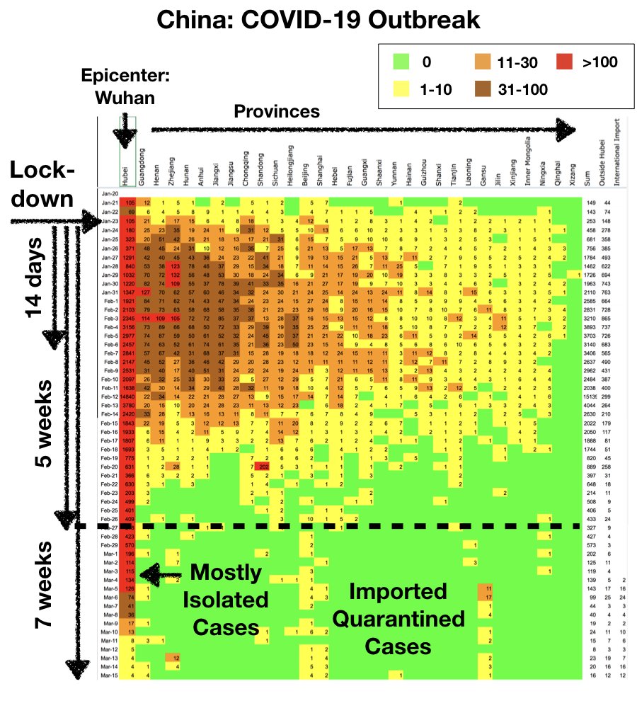 Figure showing why 5 weeks national lockdown is enough. The epicenter may need 6 until contact tracing is enough.