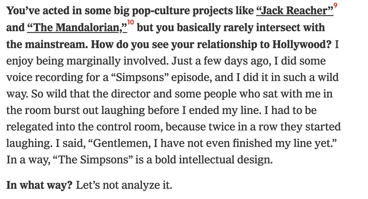 ditzkoff's tweet image. WERNER HERZOG: "The Simpsons" is a bold intellectual design.
INTERVIEWER: in what way?
HERZOG: Let's not analyze it.
nytimes.com/interactive/20…