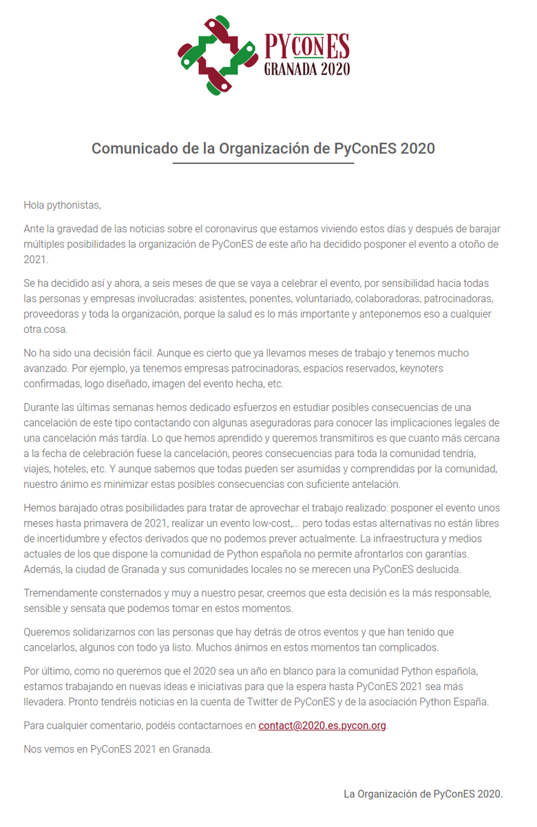 PyConES's tweet photo. El comité organizador de la PyConES 2020 ha decidido que la edición de este año quedará pospuesta para 2021, en Granada. Encontraréis más info en el comunicado publicado en https://t.co/jfHflc37Oo. #PyConES20 #PyConEs2020 https://t.co/LKWYlLYHra