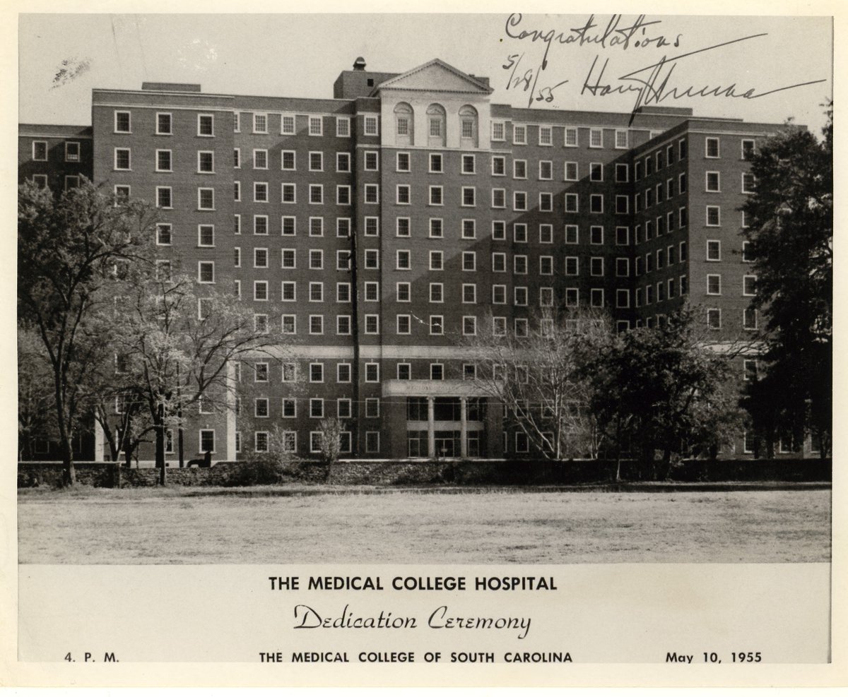 Have been thinking about hospitals lately. A hospital might be the last building you ever walk into. A hospital ceiling might be the last ceiling you ever see. People comfort sick and dying loved ones, and each other, in hospitals. (Pic: 1950s Hospital in Charleston)1/n
