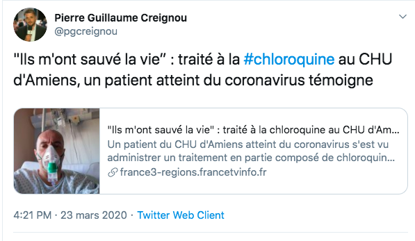 vincentglad's tweet photo. France 3 a dû corriger son beau témoignage d'un patient  traité à la chloroquine au CHU d'Amiens : "Ils m'ont sauvé la vie" (partagé 45.000 fois sur Facebook).

Entre temps le CHU d'Amiens a démenti : ses deux tests au Covid-19 étaient négatifs.

https://t.co/MUkXD1rHOW https://t.co/h07XQLh2Vy
