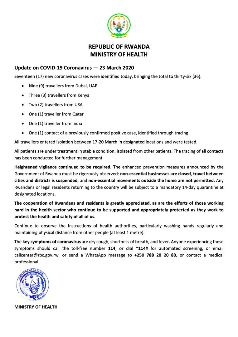 RwandaHealth's tweet photo. 23.03.2020
Amakuru Mashya kuri Koronavirusi COVID-19 / Update on COVID-19 Coronavirus / Mise à Jour sur le Coronavirus COVID-19 https://t.co/jCgGo7zQzi