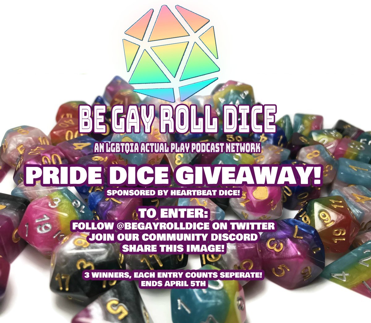 WE'VE OFFICIALLY LAUNCHED! In association with <a href="/DiceWillRoll/">Dice Will Roll</a> , the Be Gay Roll Dice Network is here to bring fans and creators of LGBTQIA Tabletop Podcasts together- and to celebrate, we're giving away 3 sets of <a href="/HeartBeatDice/">HeartBeat Dice</a> dice! Details on the giveaway below! Have fun, gang!