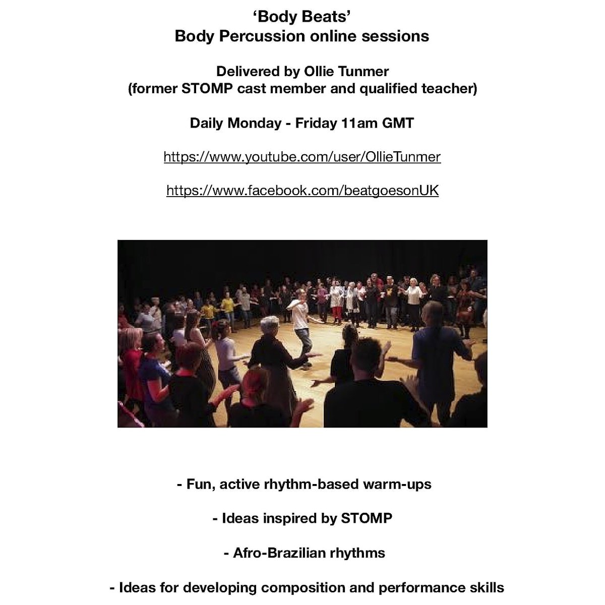 BeatGoesOnUK's tweet photo. Fantastic response to the 1st of our daily #bodybeats body percussion sessions.  Thanks for getting in touch &amp; special thanks to those of you who made voluntary contributions - much appreciated.

See you tomorrow 11am GMT for more! #homeschool #HomeLearningUK #Homeschooling2020 https://t.co/u3Wg99hR0W