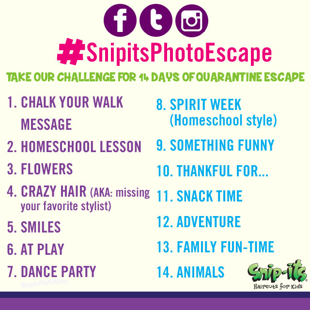 SnipitsSalons's tweet photo. We miss our little customers! Help us escape from quarantine for the next 14 days with this photo challenge. We'll start tomorrow, Tuesday March 24. Don't forget to use #SnipitsPhotoEscape. Ready, set, GO! #WeSpeakKid #SnipitsMagic #StayAtHome https://t.co/FpN5xHL3VT