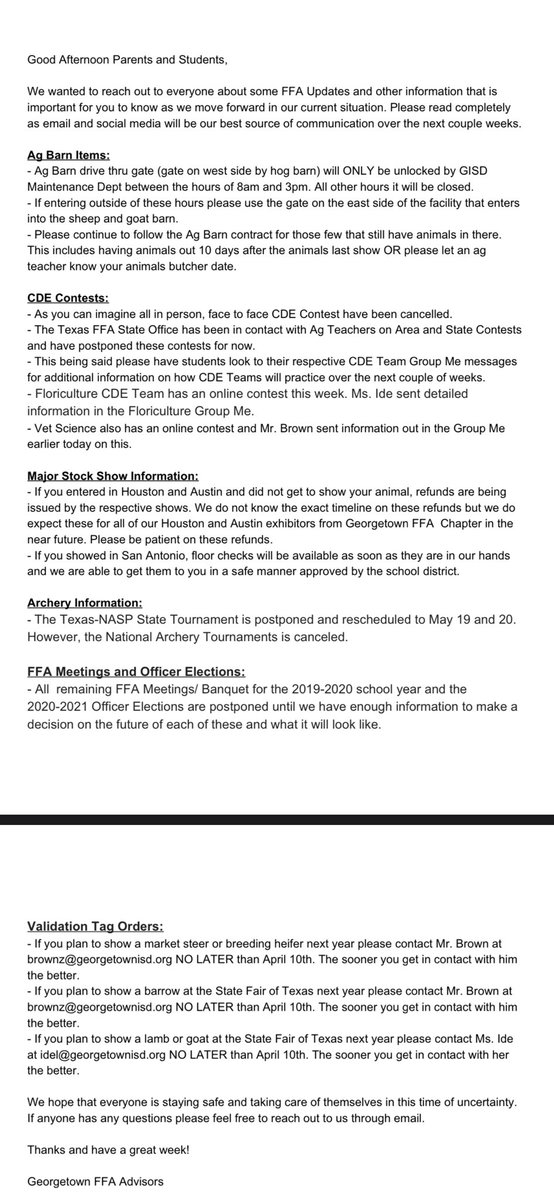 See the picture for Georgetown FFA Information! @CTEShrek <a href="/GeorgetownHS/">Georgetown HS</a> <a href="/ccmrgisd/">College, Career, and Military Readiness in GISD</a> <a href="/GHSVetAsst/">GHS Veterinary Assistant Program</a>