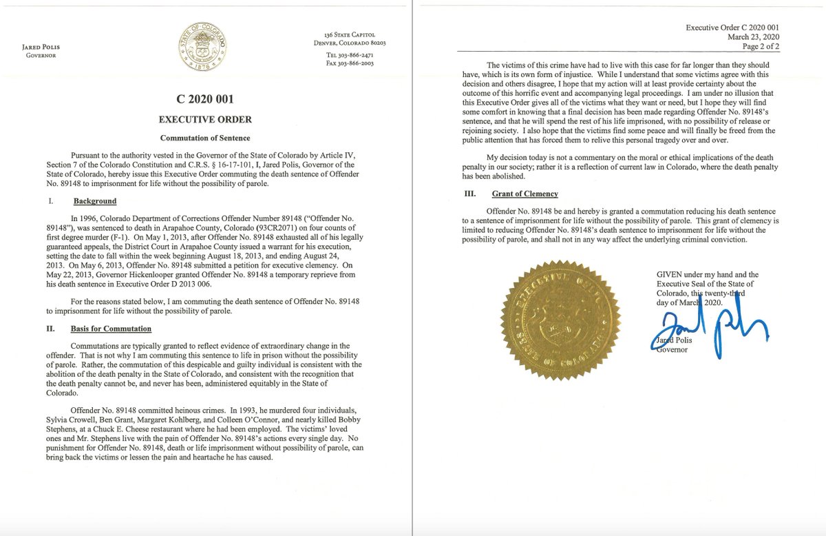 RDunhamDP's tweet photo. Here is @GovofCO Jared Polis' executive order granting clemency to #NathanDunlap, whom he identifies only as Offender No. 89148. Polis commuted Dunlap's sentence to life without parole. https://t.co/YBpPGhEJOj @DPInfoCtr #deathpenalty https://t.co/imwIVNNOFi