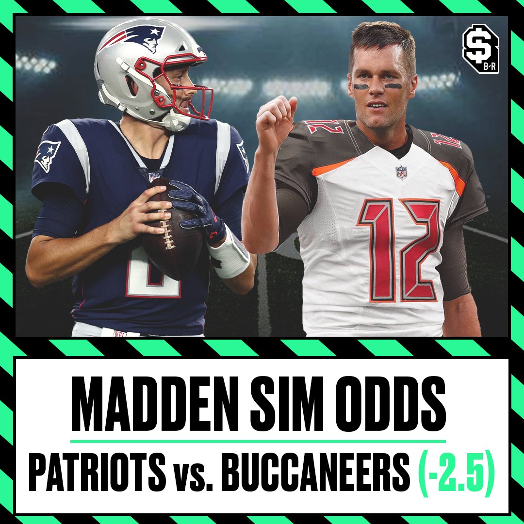 br_betting's tweet image. Madden sims are back 🚨
 
We’re streaming Pats-Bucs at 8pm ET (twitch.tv/bleacher_repor…)
 
Line is Bucs -2.5.  Reply with who covers the spread and how many combined pass yards for Brady and Hoyer with the hashtag #BRBettingSim
 
Giving away hoodies to the 3 closest guesses
