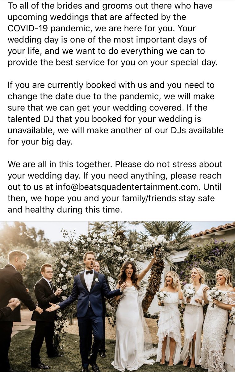 BeatSquadDJs's tweet photo. To all of the brides and grooms affected by the COVID-19 pandemic, we are here for you...

#wedding #weddingdj #djlife #dj #COVIDー19 #CoronavirusPandemic #weddingday https://t.co/sM1o919oNB