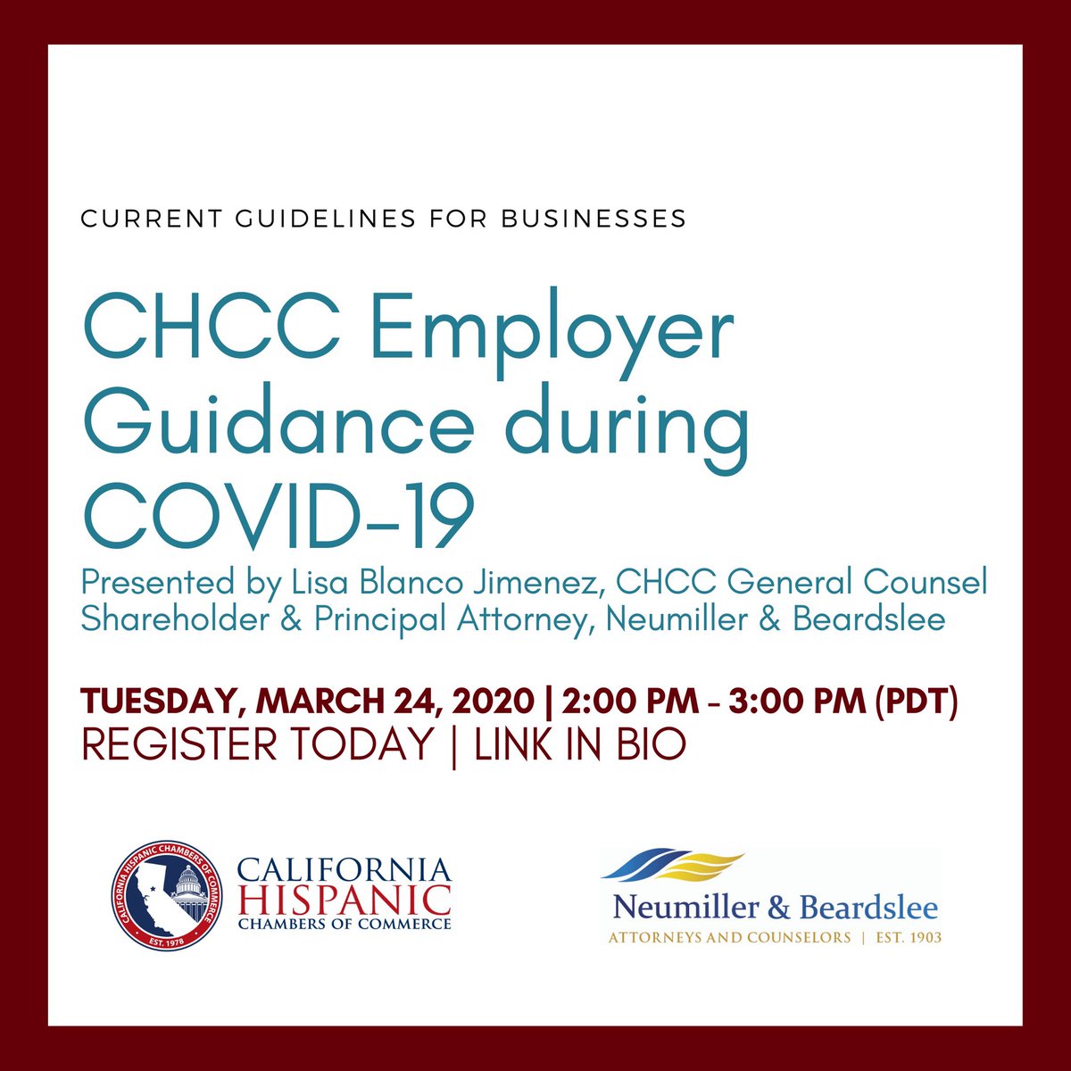 The CHCC recognizes that California employers are faced with increasing uncertainty regarding the Coronavirus Disease (COVID-19). During the webinar we will provide you with current guidelines for businesses from federal, state, and local government. Link in Bio ⬆️⬆️