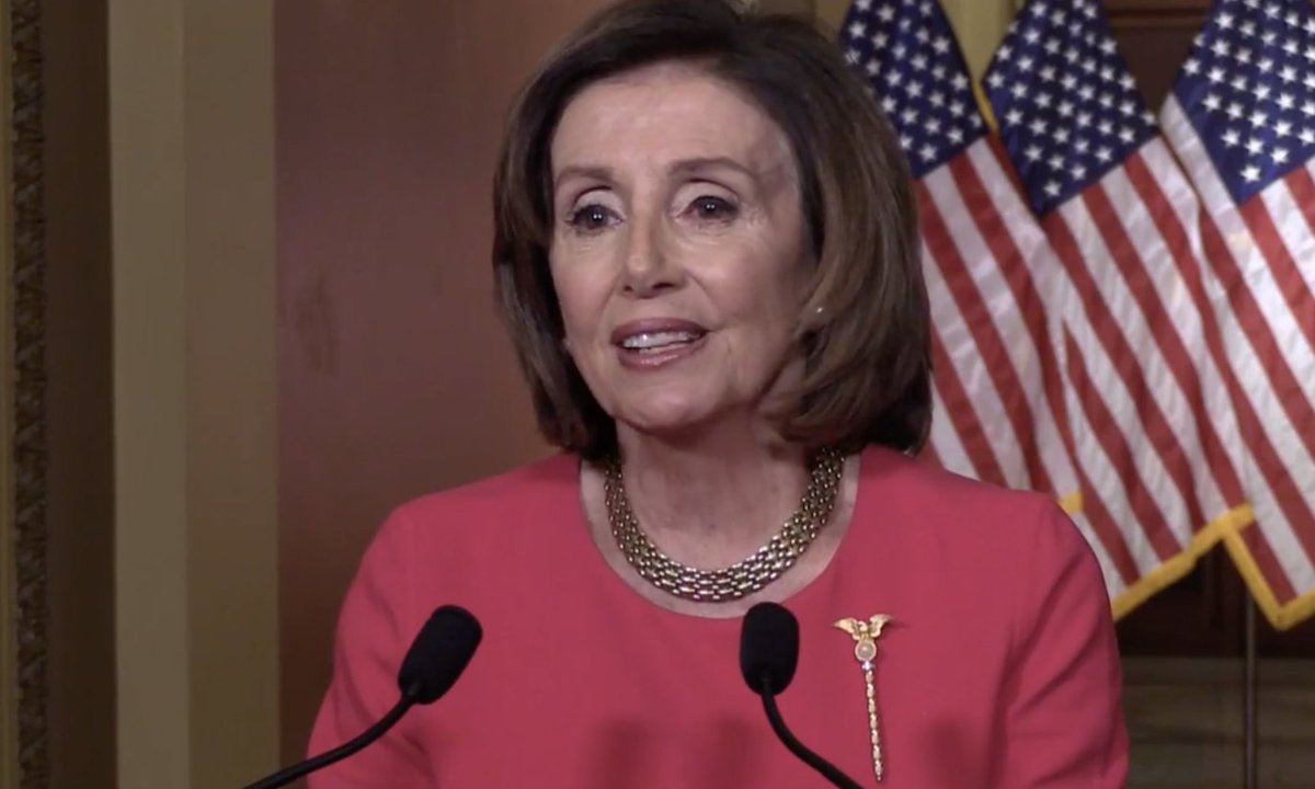 Screenshot of Nancy Pelosi speaking at the press conference.