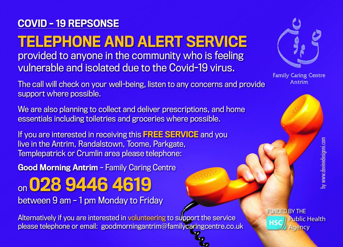 Good Morning Antrim &amp; Good Morning Newtownabbey are continuing to provide this invaluable FREE service to our residents.  Please contact the numbers below to sign up or to offer your time as a volunteer

Good Morning Newtownabbey - 028 9086 6385
Good Morning Antrim - 02894 464619