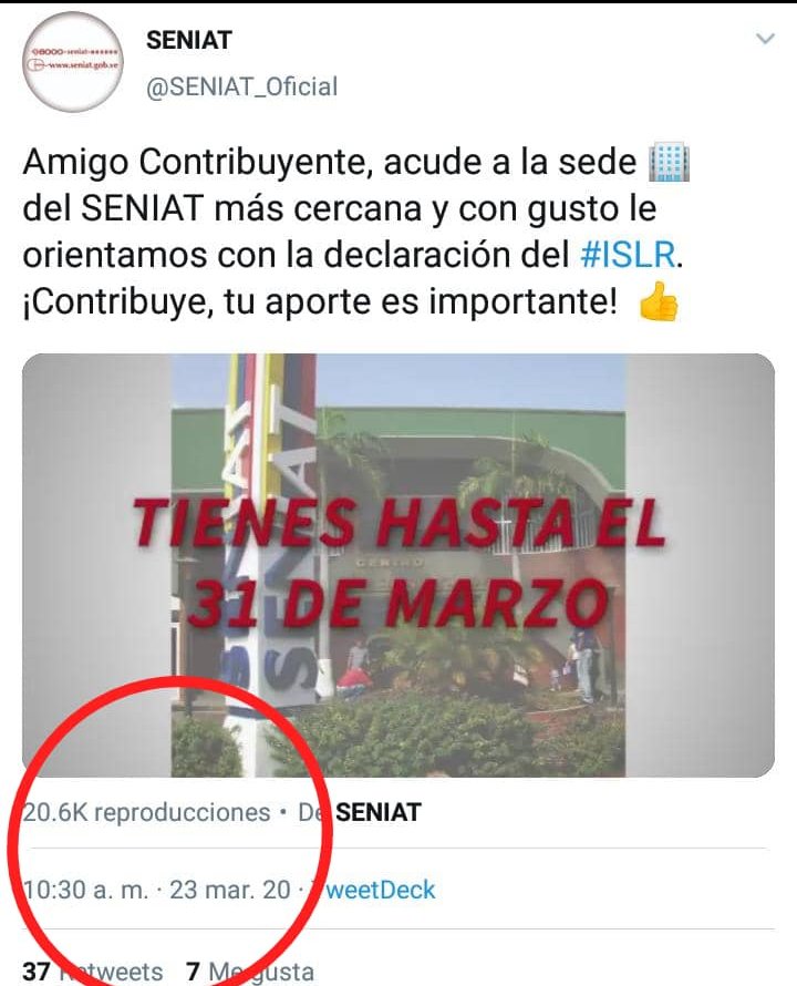 manuelrosalesg's tweet photo. . @SENIAT_Oficial, Vzla está en #Cuarentena ¡suspendan el pago del #ISLR y el #IVA!
Hoy #23Mar el SENIAT invitó a pagar el #ISLR antes del #31Mar y a visitar cualquier sede si se necesita ayuda. En medio de esta pandemia por el #Coronavirus ¡que indolencia y falta de solidaridad! https://t.co/9nGWoR0DNt