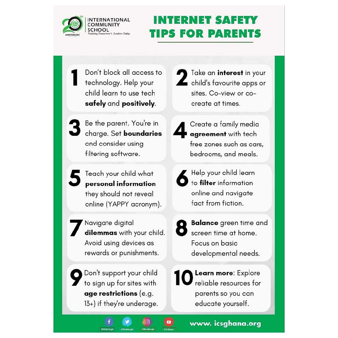officialicsgh's tweet photo. We hope our parents will find these tips useful to help our learners use the internet safely, responsibly and positively.
#icsvirtuallearning #theICSAdvantage #20YearsofICS #covid19 https://t.co/7FOGQGUdU7