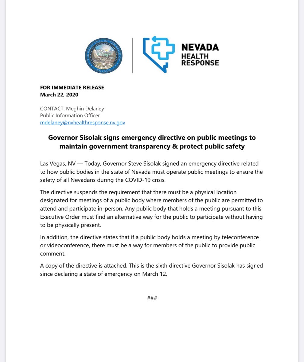ElkoFire's tweet image. Governor Sisolak signs emergency directive on public meetings to maintain government transparency &amp;amp;protect public safety.