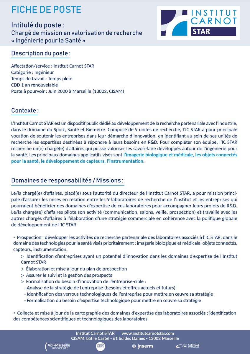 iCarnot_STAR's tweet photo. [#Emploi] @iCarnot_STAR recrute un(e) "Chargé(e) de mission en #valorisation de recherche - Ingénierie pour la #santé" 
📝Vous avez 1 background scientifique &amp; tech. en #techno pour la #santé et souhaitez promouvoir des travaux issus de la recherche publique ? 
Go, go, go ! 🔽📩 https://t.co/8BchX2g0T3