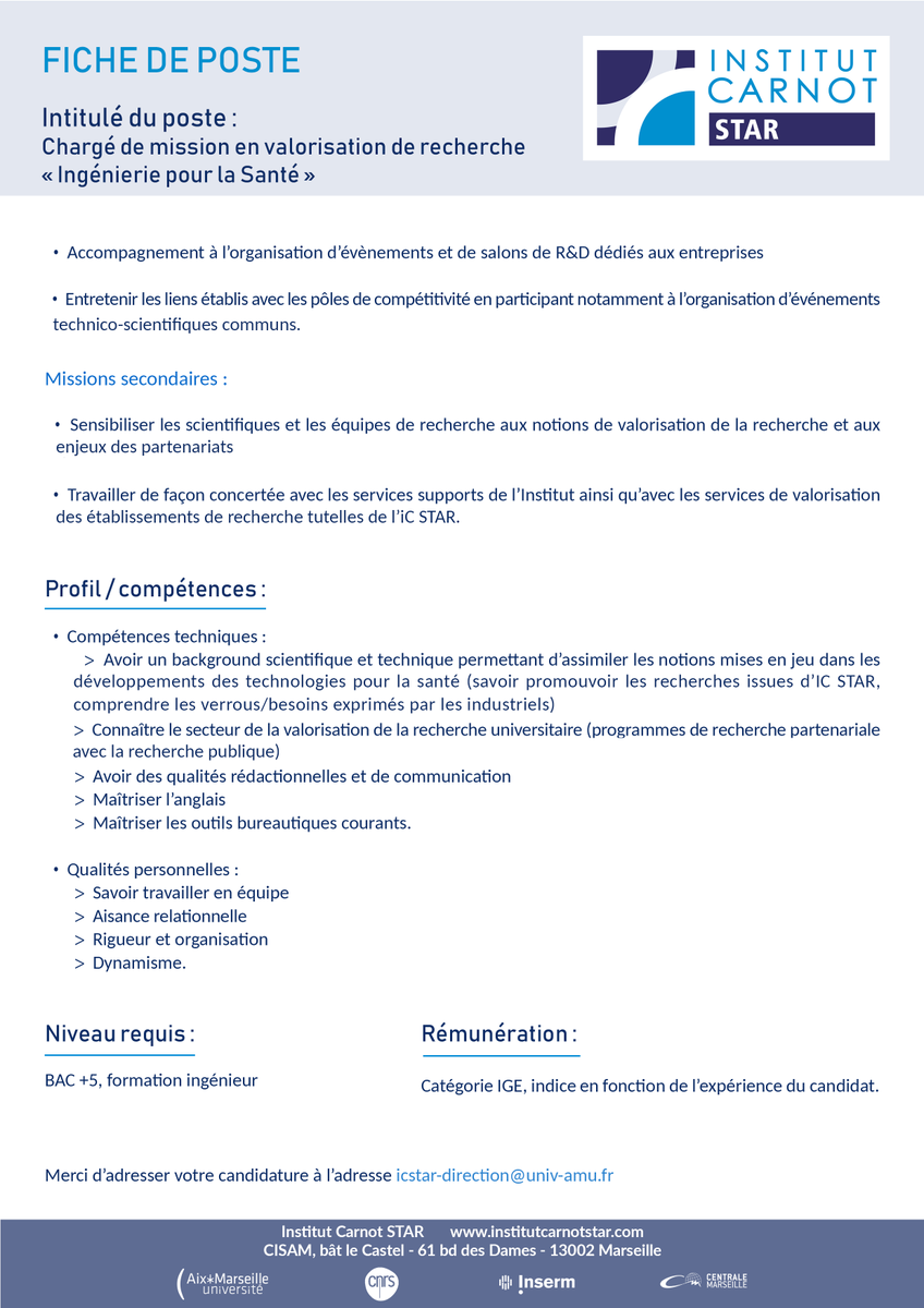 iCarnot_STAR's tweet photo. [#Emploi] @iCarnot_STAR recrute un(e) "Chargé(e) de mission en #valorisation de recherche - Ingénierie pour la #santé" 
📝Vous avez 1 background scientifique &amp; tech. en #techno pour la #santé et souhaitez promouvoir des travaux issus de la recherche publique ? 
Go, go, go ! 🔽📩 https://t.co/8BchX2g0T3