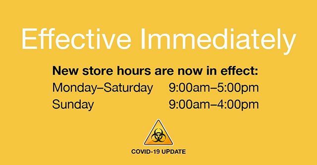 STORE UPDATE: We are reducing store hours to allow extra time for sanitization, and to allow our staff to rest effective immediately. We apologize for any inconvenience this may cause. We will evaluate our store hours on a day-to-day basis. Please contin… ift.tt/2UwClcF