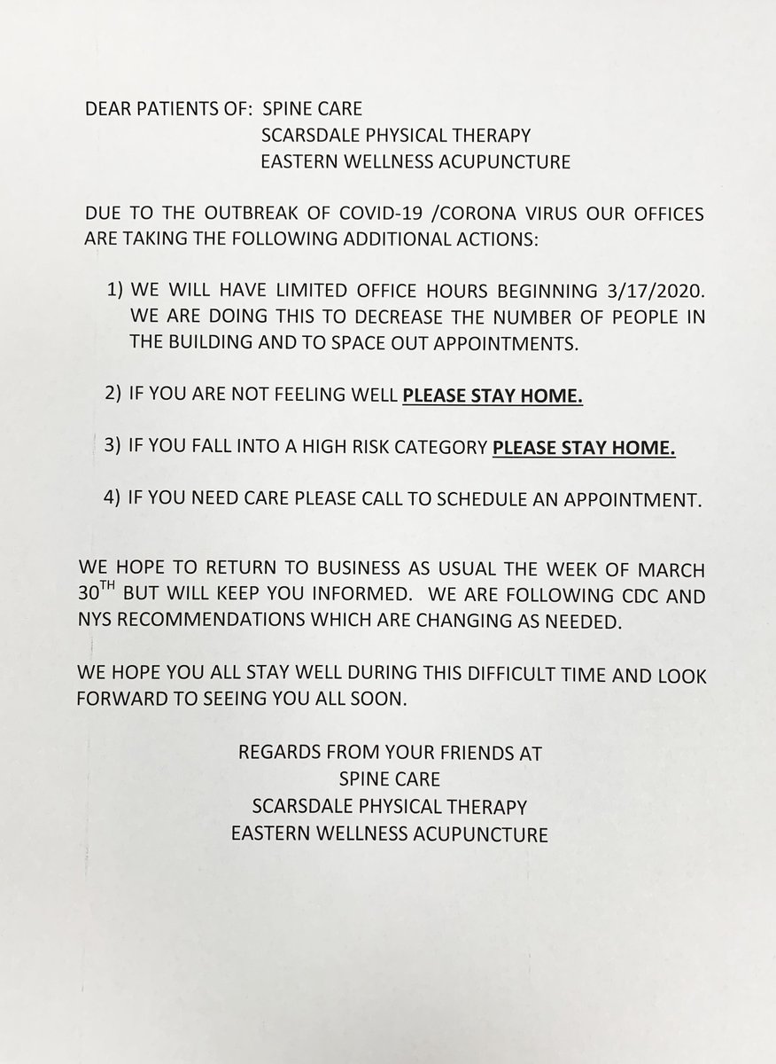This week: Call us for Monday, Wednesday &amp; Thursday availability or if it's urgent. Stay well! (914) 961-7575