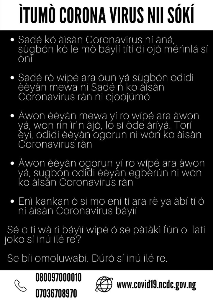 Ifedayo Adetifa A Public Service Announcement For Covid19nigeria In Yoruba Kini Itumo Coronavirus Here Are The Right Facts Takeresponsibility Breaktheoutbreak Covid19ng Flattenthecurve Ncdcgov Drjoeabah Obyezeks Nedunaija