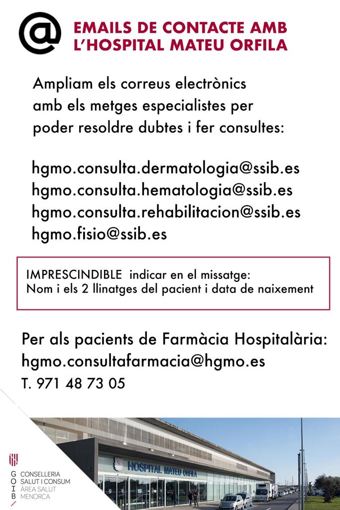 ‼️ Ampliam els correus electrònics per poder contactar amb els especialistes de l’Hospital Mateu Orfila per a consultes i dubtes
👇🏻