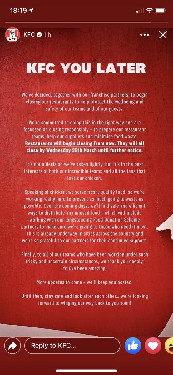 dhahamilton's tweet photo. My heart just broke into a million little pieces. Don’t know how I’ll cope without my (almost) weekly wings. Thank you for your service fast food workers. We’ll miss you. But, ya know, health and social distancing is a thing 😭 #staysafe #ripkfc https://t.co/RG9IcNWw20