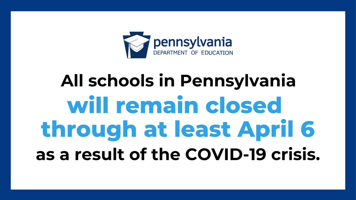 Protecting the health and safety of students, families, teachers, and all employees who work in our schools is paramount during this national health crisis - we must continue our efforts to mitigate the spread of #COVID19. More about this announcement: media.pa.gov/Pages/Educatio…